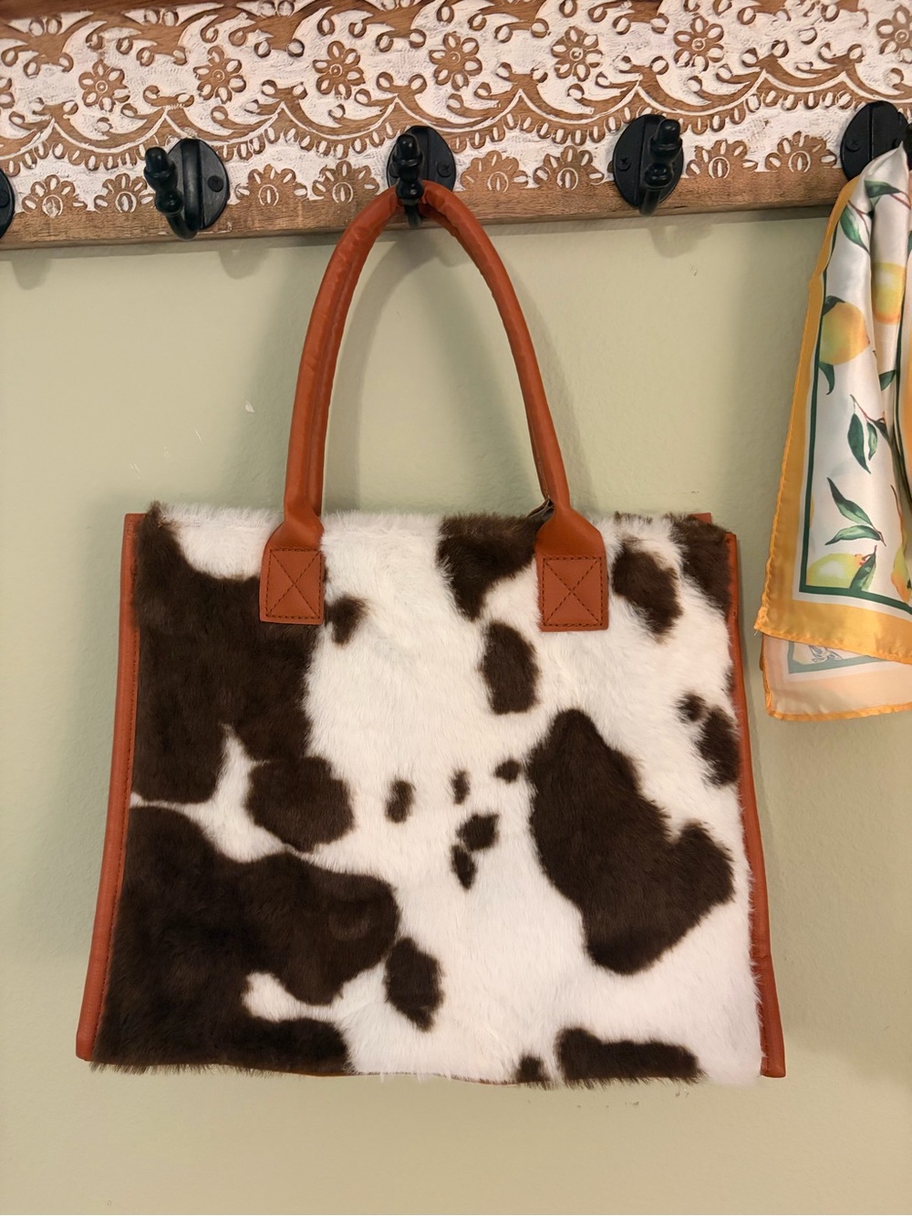 Cowhide Pattern Faux Fur Tote Bag with Tan Trim